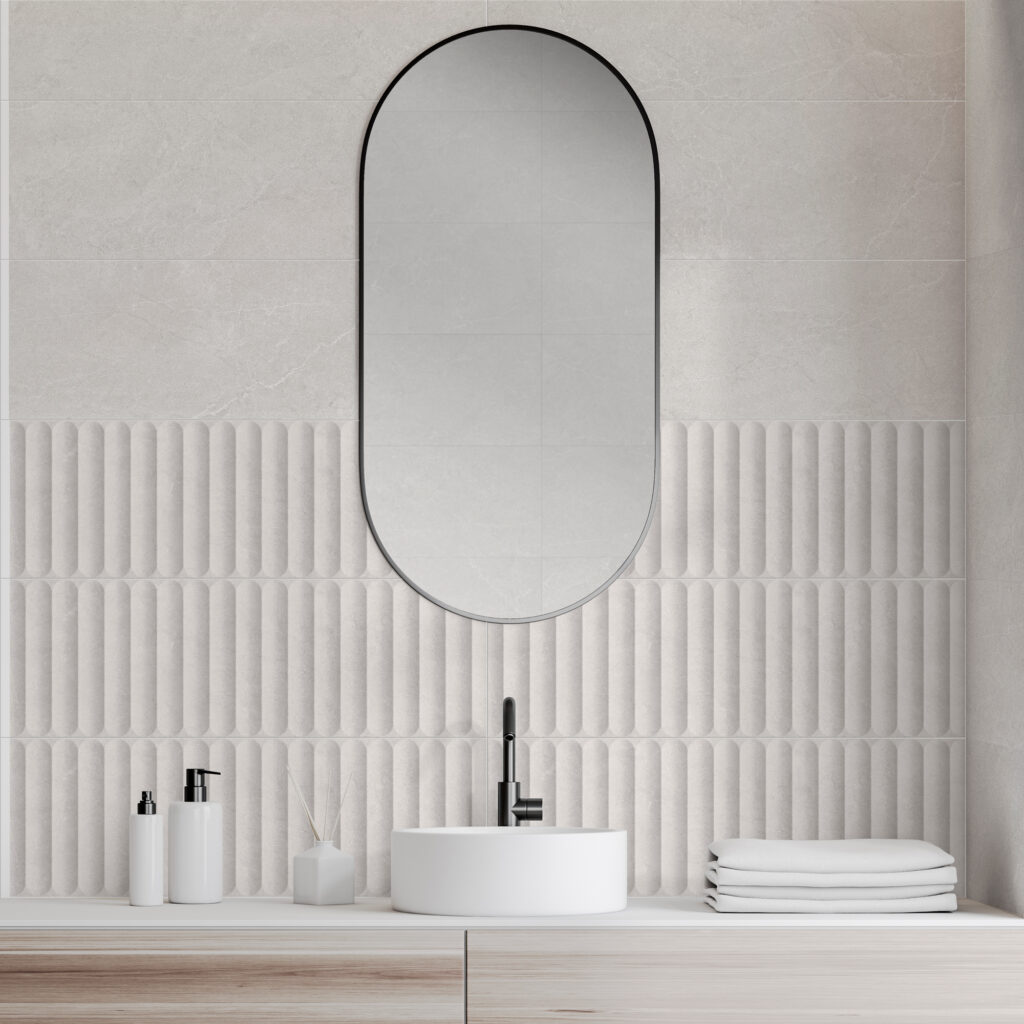 Close up of white bathroom sink standing on wooden counter with oblong mirror above it in room with white walls. 3d rendering